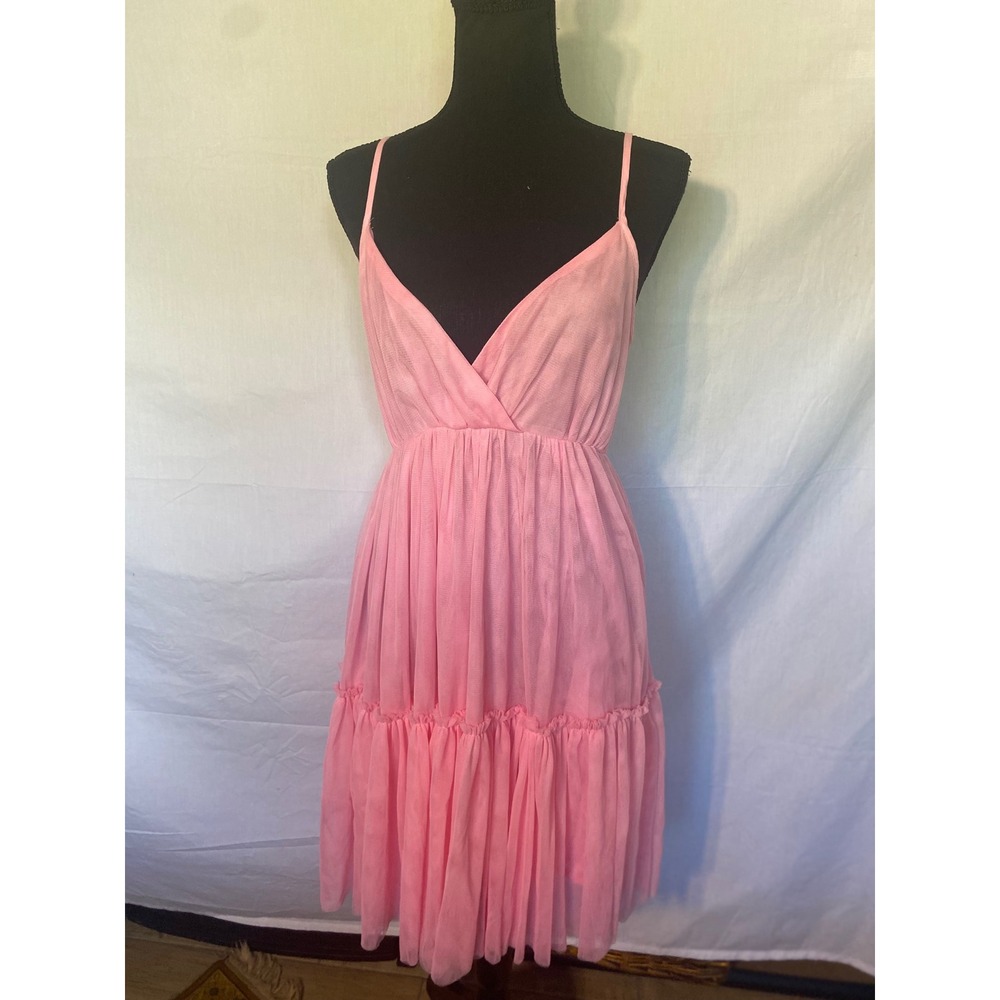 Lily Sidonio Womens Pink Tulle Ruffle Strappy Midi Dress Sz Small